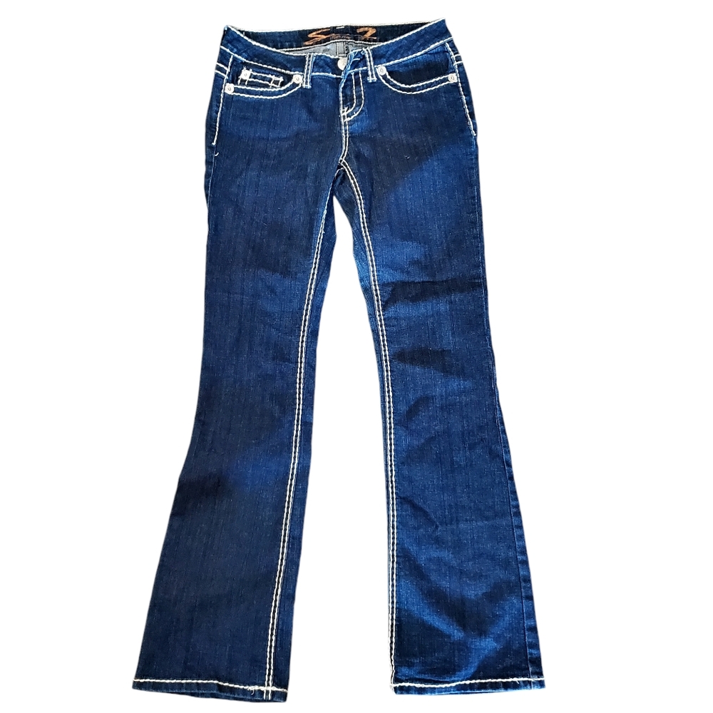 Seven 7 Dark Wash Boot Cut Mid Rise 5 pocket Sz W 27" x 31" L, Double stitch